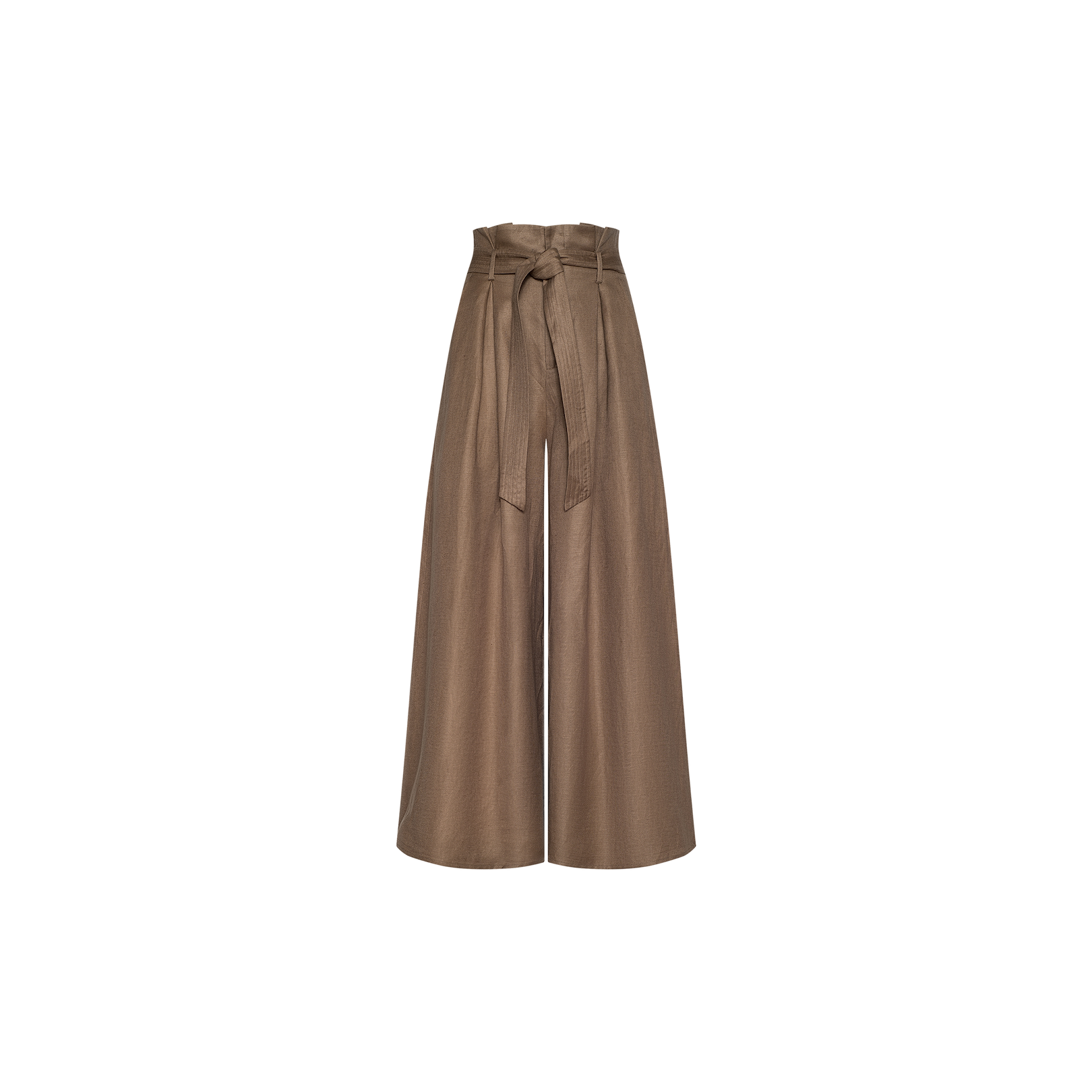 The Lowen Linen-Blend Pant is a wide-leg, high-waisted brown pant with a paperbag waist and a matching fabric belt tied in a bow. Crafted from a comfortable linen blend and featuring wide cropped legs, it is displayed against a plain white background.