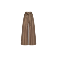 The Lowen Linen-Blend Pant is a wide-leg, high-waisted brown pant with a paperbag waist and a matching fabric belt tied in a bow. Crafted from a comfortable linen blend and featuring wide cropped legs, it is displayed against a plain white background.
