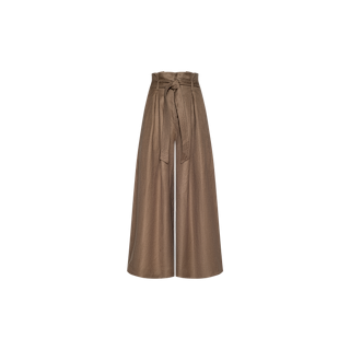 The Lowen Linen-Blend Pant features a wide-leg, high-waisted silhouette in brown linen blend fabric, designed with a paperbag waist and a matching fabric belt tied in a bow, shown against a plain white background.