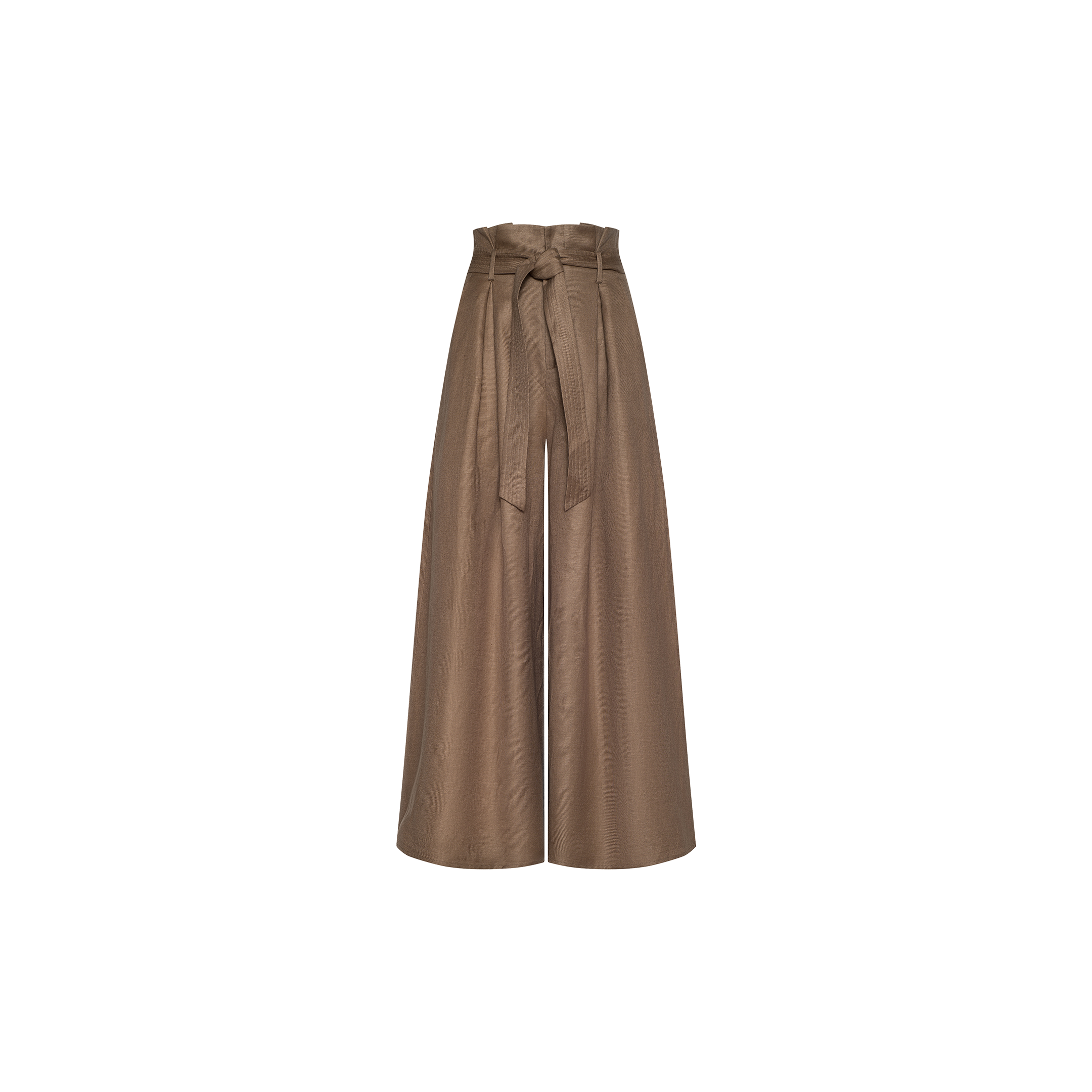 The Lowen Linen-Blend Pant is a wide-leg, high-waisted brown pant with a paperbag waist and a matching fabric belt tied in a bow. Crafted from a comfortable linen blend and featuring wide cropped legs, it is displayed against a plain white background.