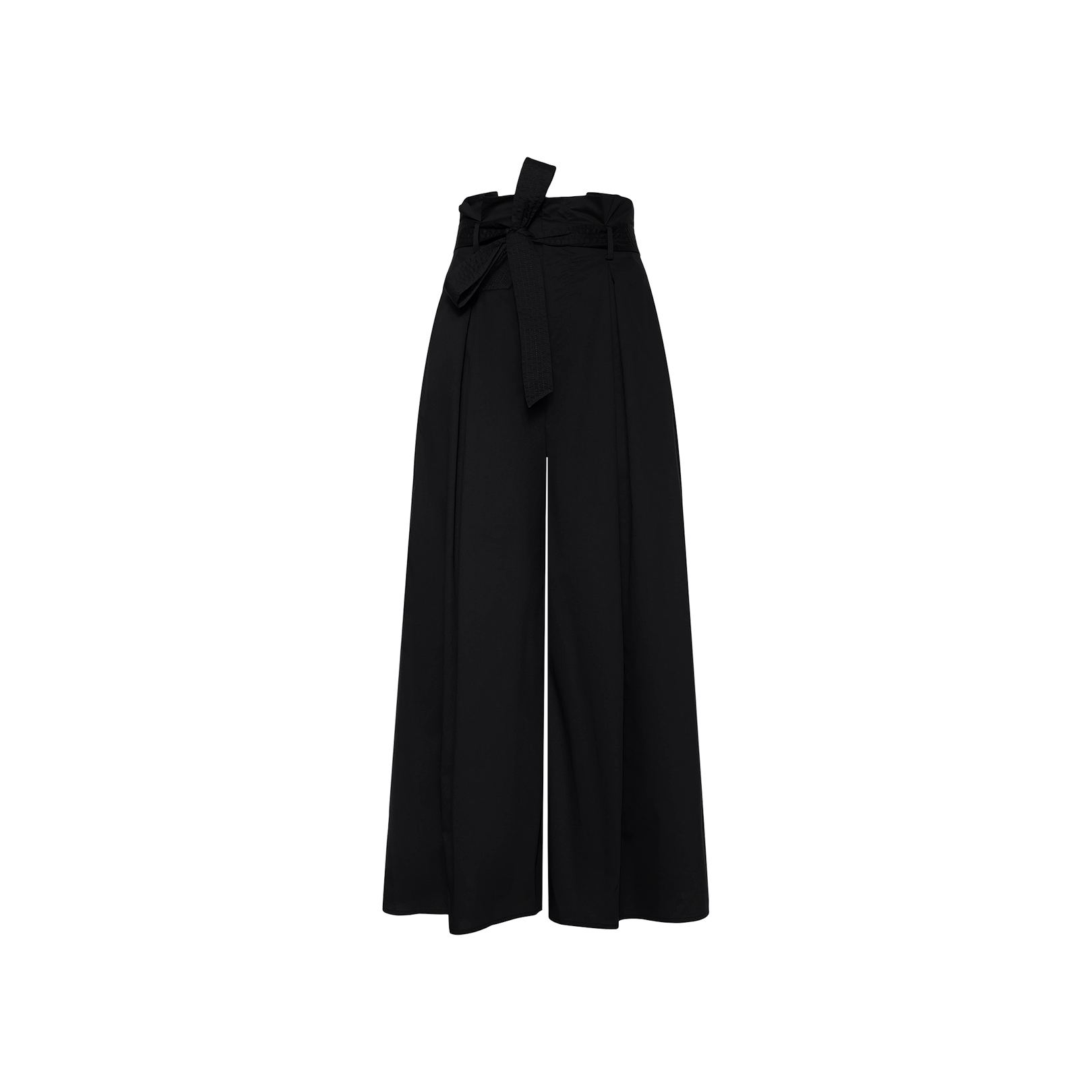 The Lowen Pant features a high-waisted, wide-leg silhouette in black poplin, complete with a paperbag waistband and a matching fabric belt tied at the waist, shown against a plain white background.