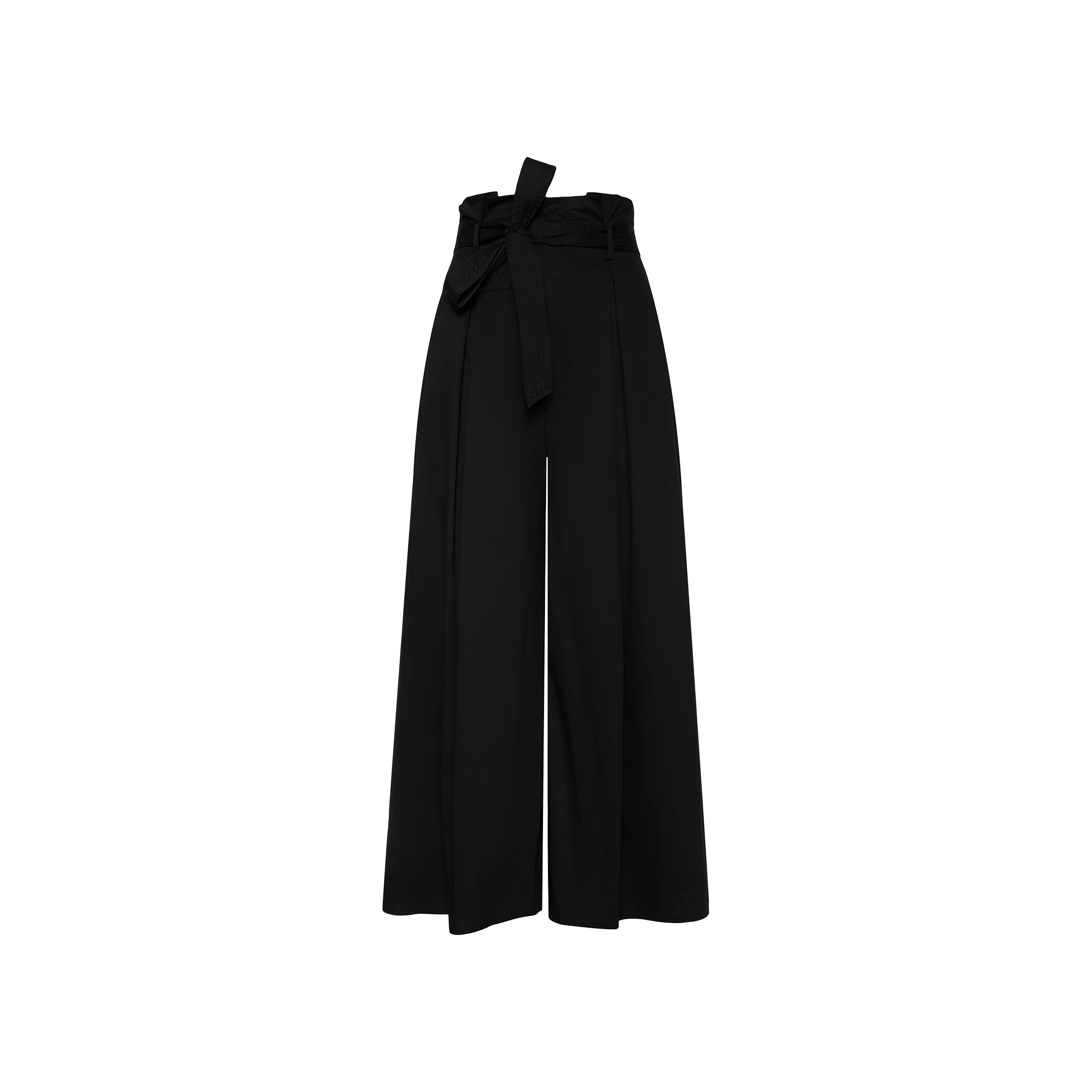 The Lowen Pant features a high-waisted, wide-leg silhouette in black poplin, complete with a paperbag waistband and a matching fabric belt tied at the waist, shown against a plain white background.