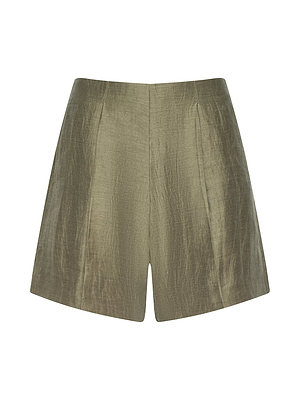 The Hadleigh Linen-Blend Short in olive green features a high-rise, tailored fit with front seams for waist definition. Its subtle sheen and textured fabric create a sleek look, finished with no visible pockets or fastenings.