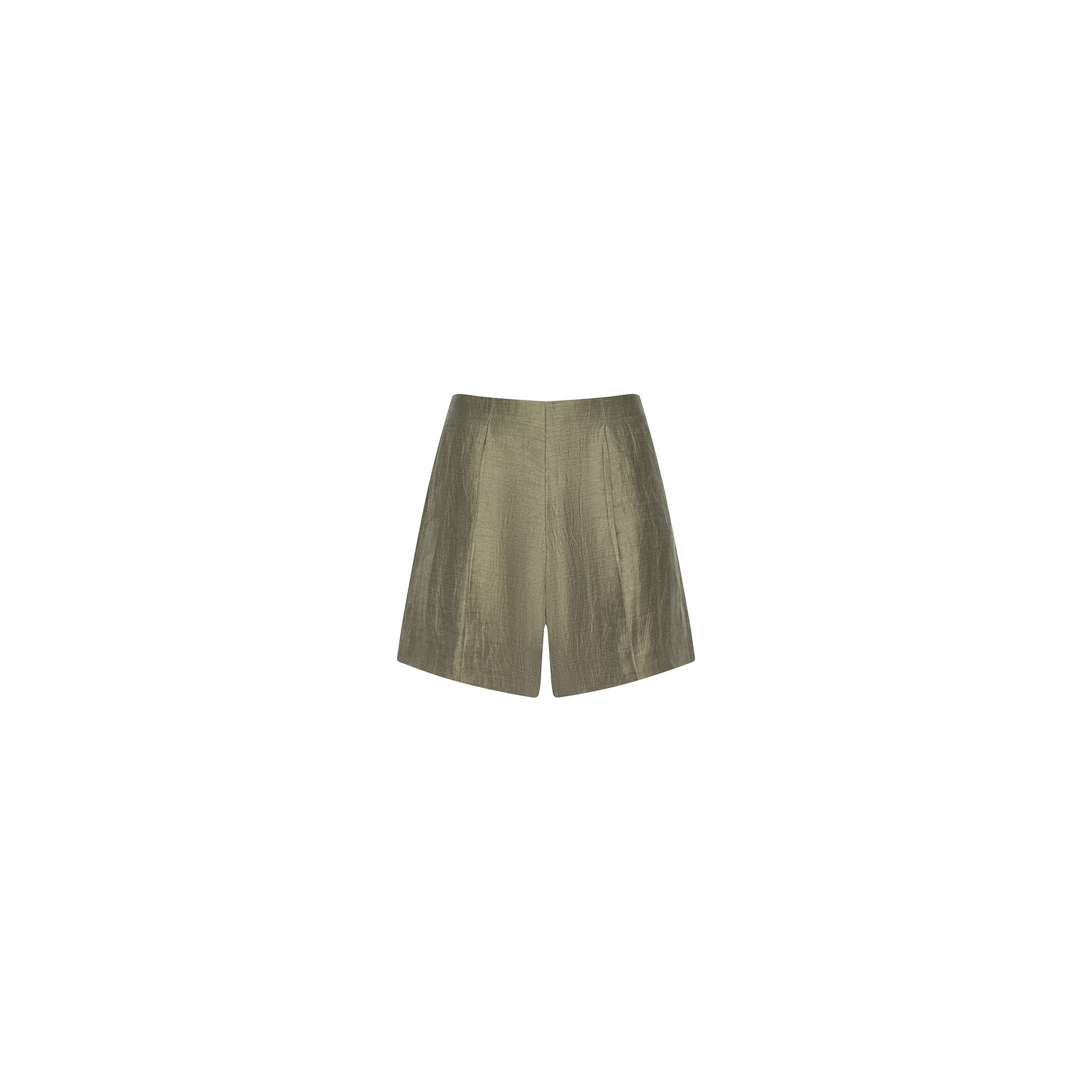 Hadleigh Linen-Blend Short in olive green features a textured, pleated design with a high-rise silhouette and tailored fit, displayed on a plain white background.