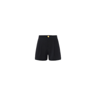 The Saige Short is a black, high-waisted stretch suiting style featuring pleated detailing, a front button closure, and side pockets, shown against a plain white background.