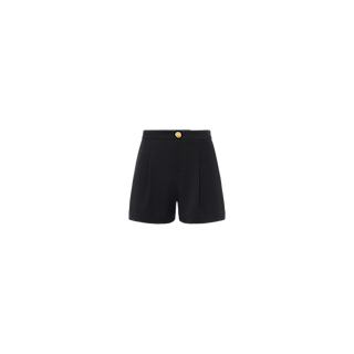 Saige Short: Black pleated shorts with a front button and zipper closure, side pockets, and a clean, minimalist design, displayed on a plain white background.