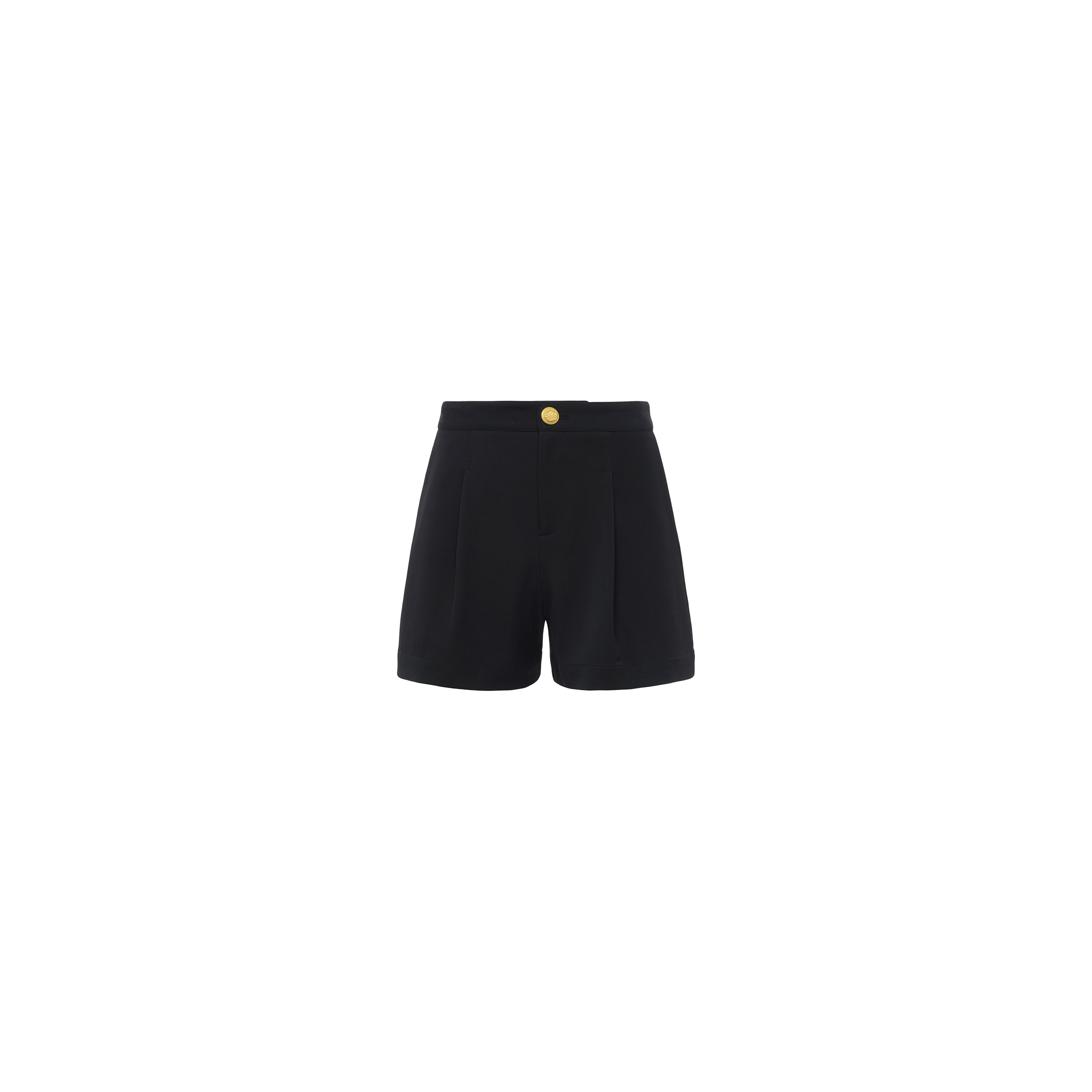 The Saige Short is a black, high-waisted stretch suiting style featuring pleated detailing, a front button closure, and side pockets, shown against a plain white background.