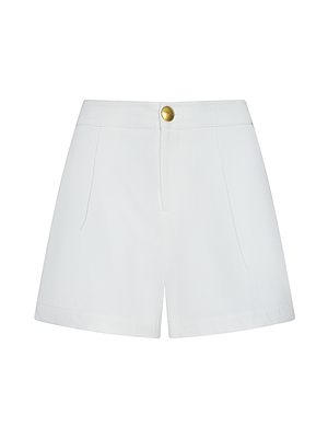 The Saige Short is a white women’s tailored short with front pockets, a front zipper, and gold button closure, made from stretch suiting fabric and shown against a plain white background.