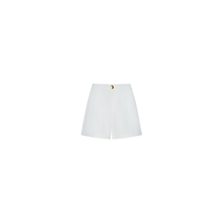 The Saige Short is a white, high-waisted pleated short featuring front pockets and a single gold button, crafted from comfortable stretch suiting fabric and displayed on a plain white background.