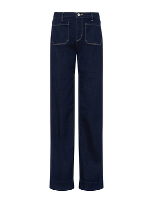 The Nolan Patch Pocket Jean is a dark blue, high-rise wide-leg style with two front patch pockets, yellow stitching, and button closure at the waist, shown against a white background.