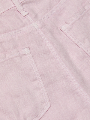 Close-up of the Gina Linen Short in pastel lilac, showcasing two stitched pockets and visible seam detailing.