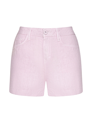 The Gina Linen Short features a pastel lilac color, high-rise fit, button and zipper closure, belt loops, and front pockets for a classic, flattering look.