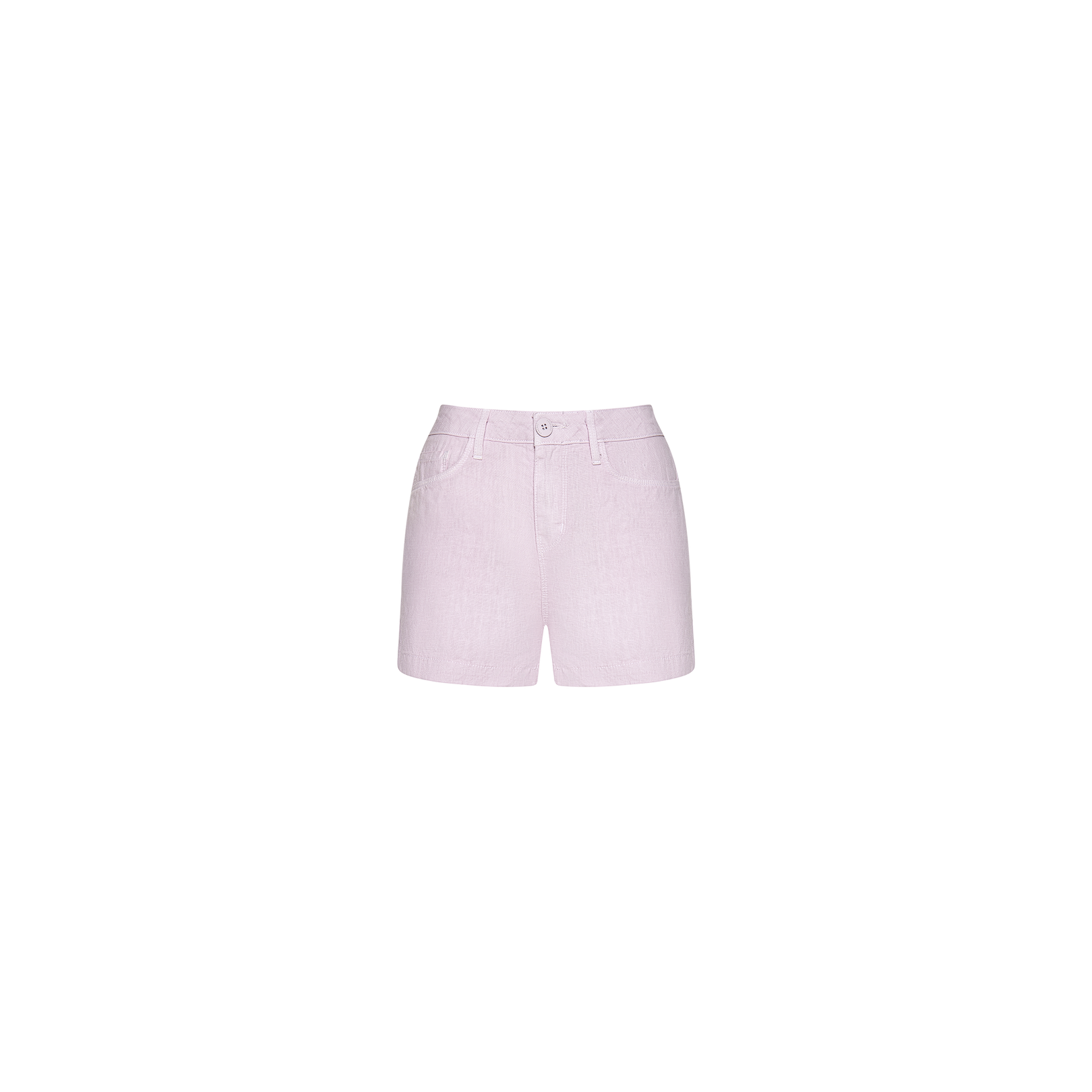 Gina Linen Short in light pink with a high-rise fit, featuring front pockets and a button closure, displayed on a plain white background.