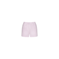 Gina Linen Short in light pink with a high-rise fit, featuring front pockets and a button closure, displayed on a plain white background.