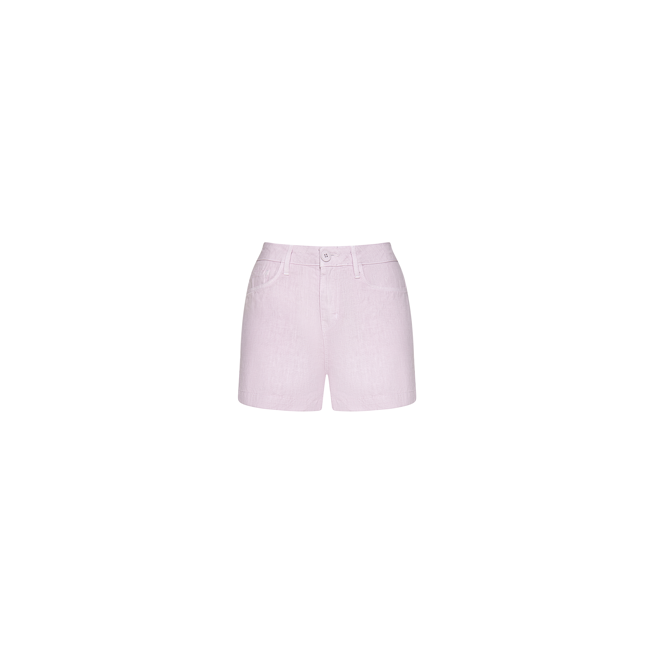 Gina Linen Short in light pink with a high-rise fit, featuring front pockets and a button closure, displayed on a plain white background.