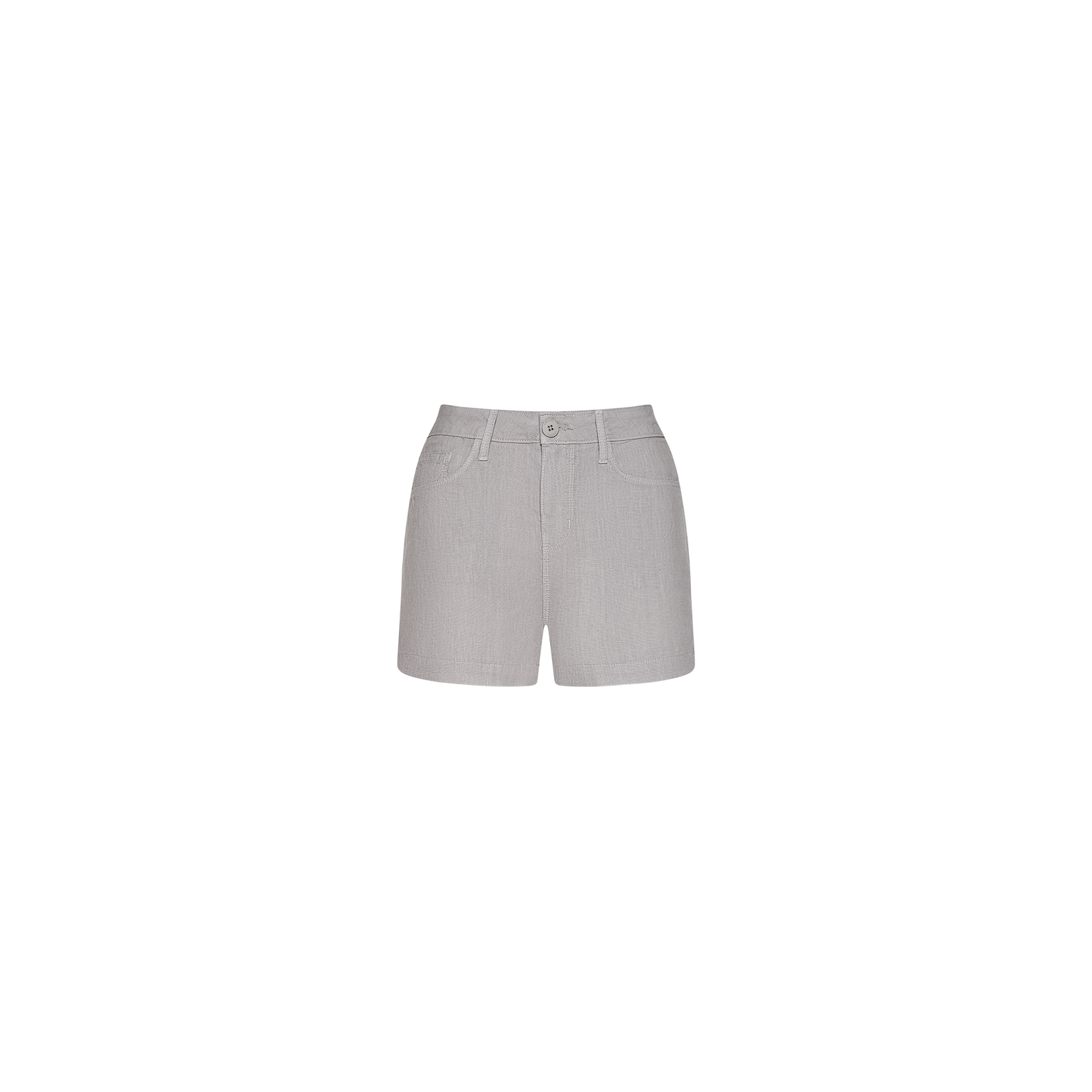 The Gina Linen Short in light gray features a high-rise fit, front pockets, belt loops, and a button closure. Crafted from breathable linen for comfort and style, these shorts are displayed against a plain white background.