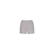 The Gina Linen Short in light gray features a high-rise fit, front pockets, belt loops, and a button closure. Crafted from breathable linen for comfort and style, these shorts are displayed against a plain white background.