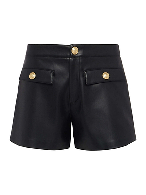 The Dionne Vegan Leather Short features a high-rise fit, front pockets, and gold button details with a waistband closure—sleek and versatile for any occasion. Shown on a white background.