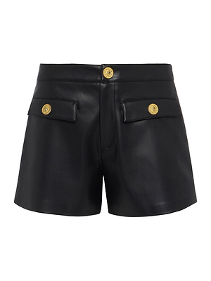 The Dionne Vegan Leather Short by L’AGENCE features black vegan leather, decorative front pockets with gold buttons, a flattering high-rise waist, and a gold button closure at the waistband.