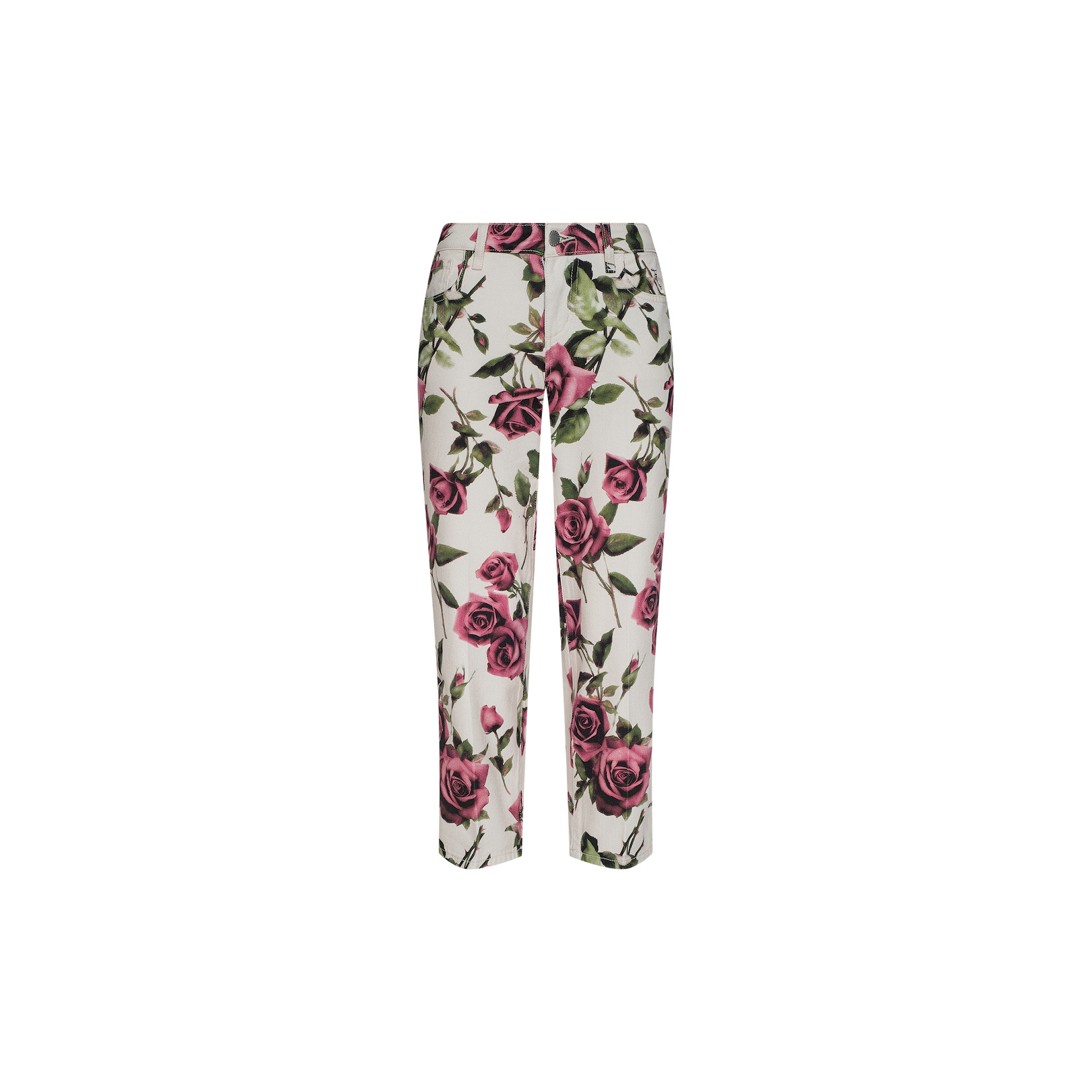 Blaine Cropped Stovepipe Jean in white, featuring a straight-leg fit and an all-over pink rose floral print, displayed on a plain white background.