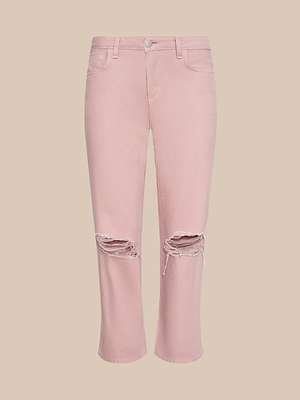 The Blaine Cropped Stovepipe Jean features light pink denim, a button and zipper closure, five pockets, and ripped knees, shown against a plain beige background.