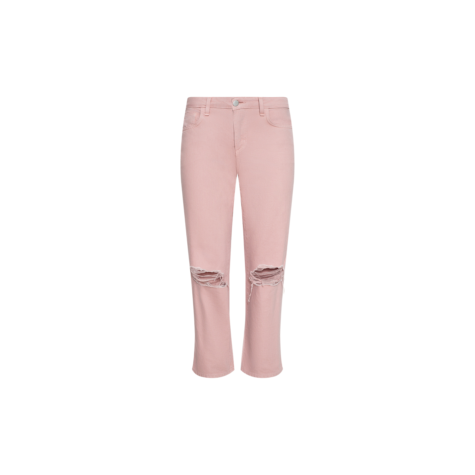 The Blaine Cropped Stovepipe Jean is a light pink, straight-leg style with a low-rise fit, featuring ripped details on both knees and a classic button and zipper closure. These jeans include front and back pockets and are shown against a plain white background.