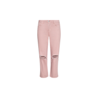 The Blaine Cropped Stovepipe Jean features a light pink wash, high waist, straight-leg fit, front button and zip closure, belt loops, and statement rips over both knees. Shown on a plain white background.