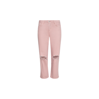 The Blaine Cropped Stovepipe Jean is a light pink, straight-leg style with a low-rise fit, featuring ripped details on both knees and a classic button and zipper closure. These jeans include front and back pockets and are shown against a plain white background.
