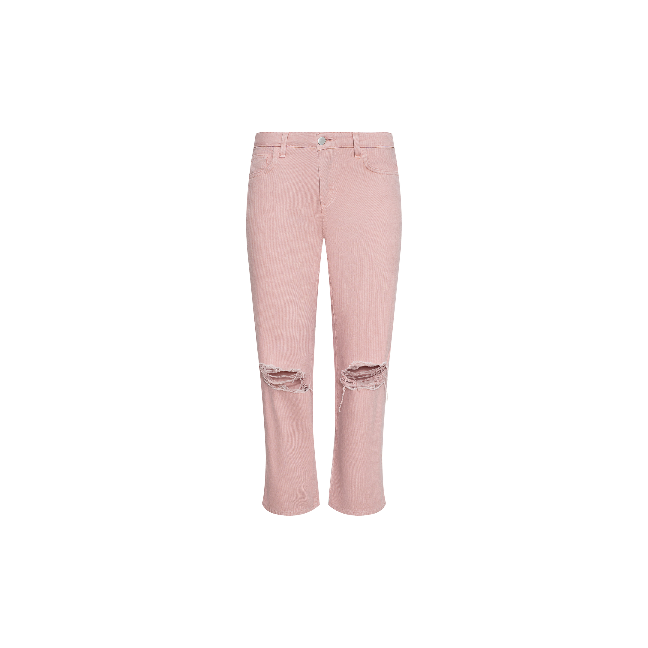 The Blaine Cropped Stovepipe Jean features a light pink wash, high waist, straight-leg fit, front button and zip closure, belt loops, and statement rips over both knees. Shown on a plain white background.