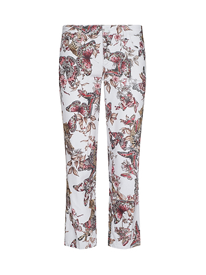 The Blaine Cropped Stovepipe Jean is a pair of low-rise, straight-leg pants with a vibrant floral pattern.