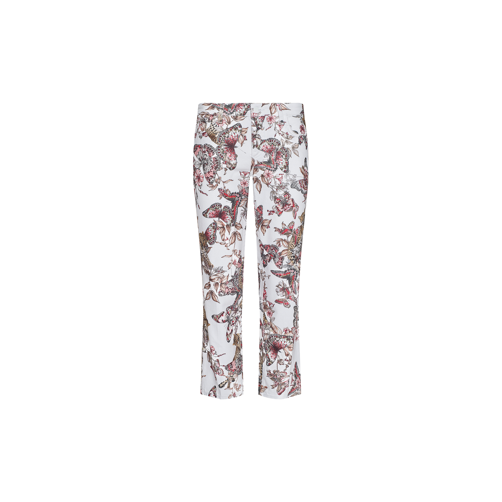 The Blaine Cropped Stovepipe Jean features a white straight-leg silhouette adorned with a vibrant multicolored floral and butterfly print, shown against a plain white background. These jeans boast a fitted waist for a flattering look.