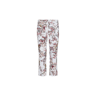 The Blaine Cropped Stovepipe Jean features a white straight-leg silhouette adorned with a vibrant multicolored floral and butterfly print, shown against a plain white background. These jeans boast a fitted waist for a flattering look.