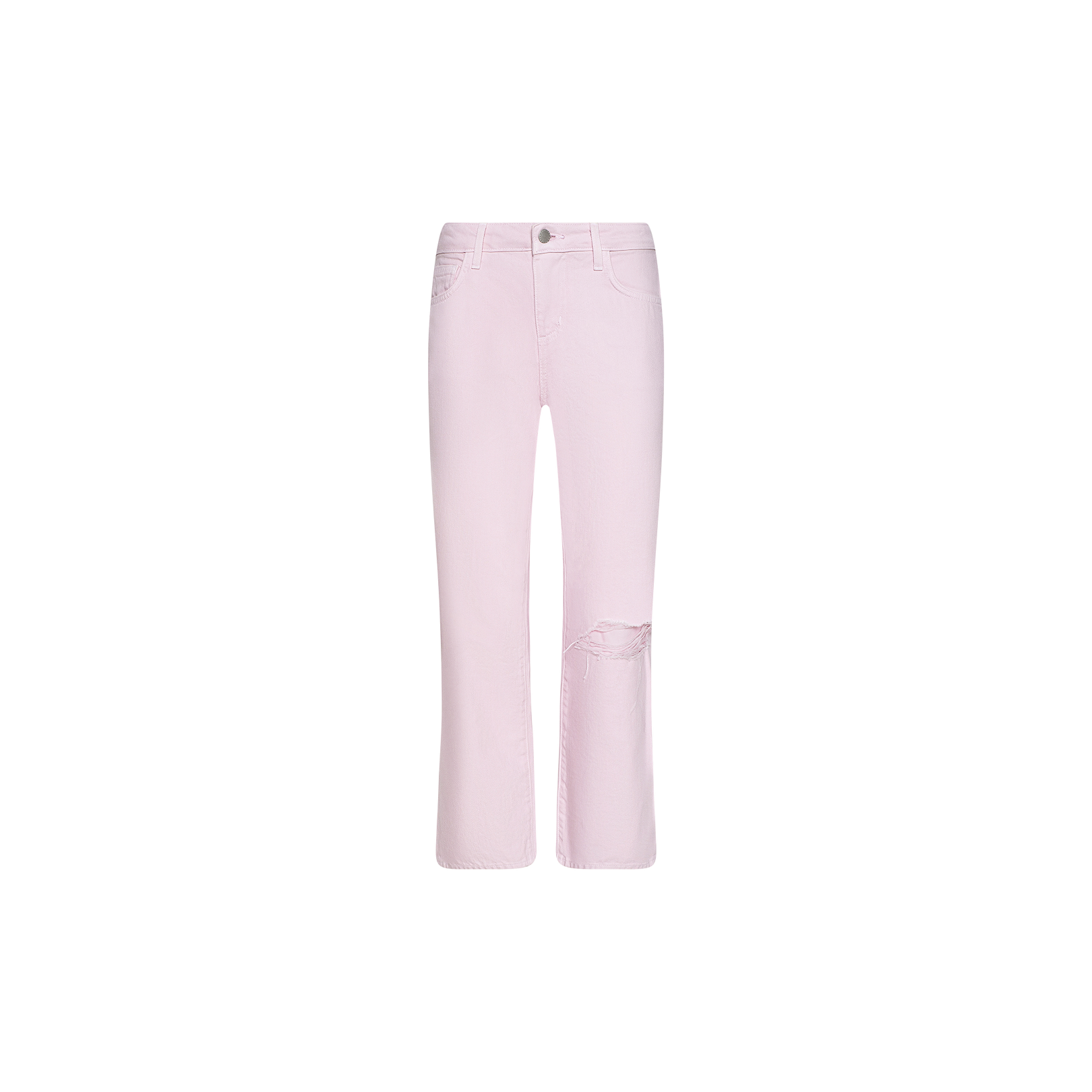 The Blaine Cropped Stovepipe Jean is showcased against a plain white background, featuring a light pink wash, straight-leg silhouette, low-rise fit, and a cropped cut. Designed with front and back pockets, a button and zip closure, plus a ripped detail on the right knee, these jeans bring a playful twist to your look while delivering classic comfort.