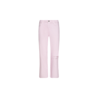 The Blaine Cropped Stovepipe Jean is showcased against a plain white background, featuring a light pink wash, straight-leg silhouette, low-rise fit, and a cropped cut. Designed with front and back pockets, a button and zip closure, plus a ripped detail on the right knee, these jeans bring a playful twist to your look while delivering classic comfort.