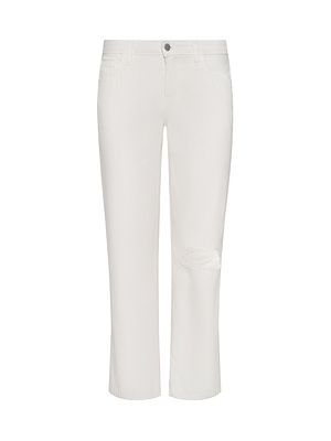 The Blaine Cropped Stovepipe Jean features an off-white wash, a distressed rip at one knee, five-pocket styling, belt loops, and a button closure, shown on a plain white background.