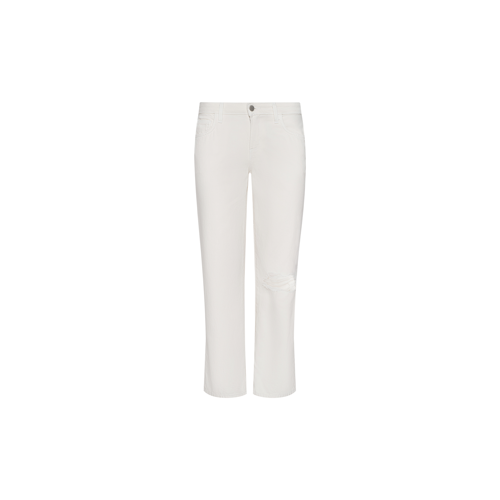 The Blaine Cropped Stovepipe Jean is crafted from all-cotton denim in a white wash, featuring a straight-leg silhouette, five-pocket styling, and a distressed rip on the left knee, displayed on a plain white background.