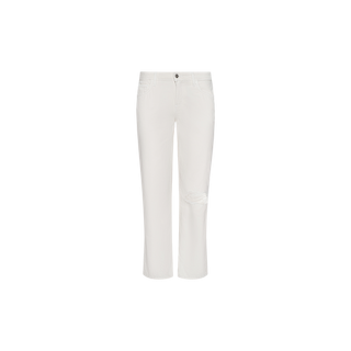 The Blaine Cropped Stovepipe Jean is crafted from all-cotton denim in a white wash, featuring a straight-leg silhouette, five-pocket styling, and a distressed rip on the left knee, displayed on a plain white background.