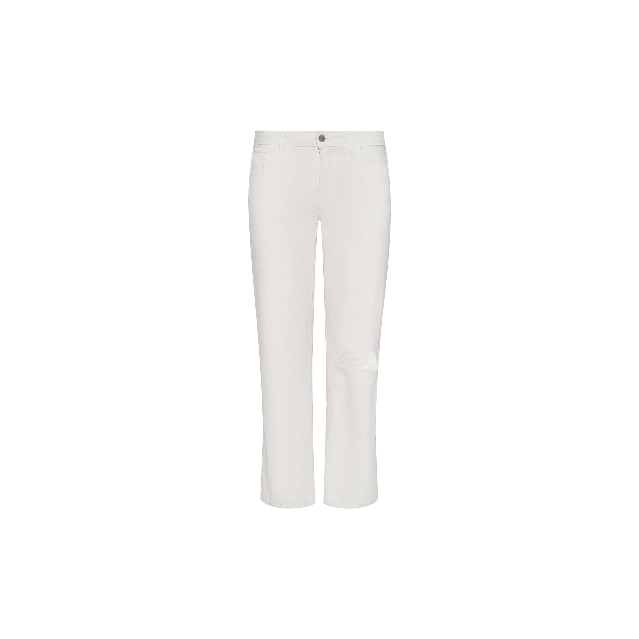The Blaine Cropped Stovepipe Jean, crafted from white all-cotton denim, features a slouchy straight-leg silhouette, button closure, and subtle distressing on one knee, shown against a plain white background.