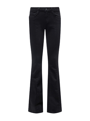 The Lenora Low-Rise Flare Jean by L'AGENCE features a fitted, low-rise waist, two front and back pockets, and a slight flare at the ankles in black wash, shown against a plain white background.