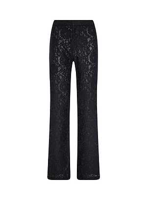 The Livvy Lace Trouser features a black high rise, fitted waist, and semi-sheer floral lace throughout with a slight flare at the bottom. Displayed against a white background.