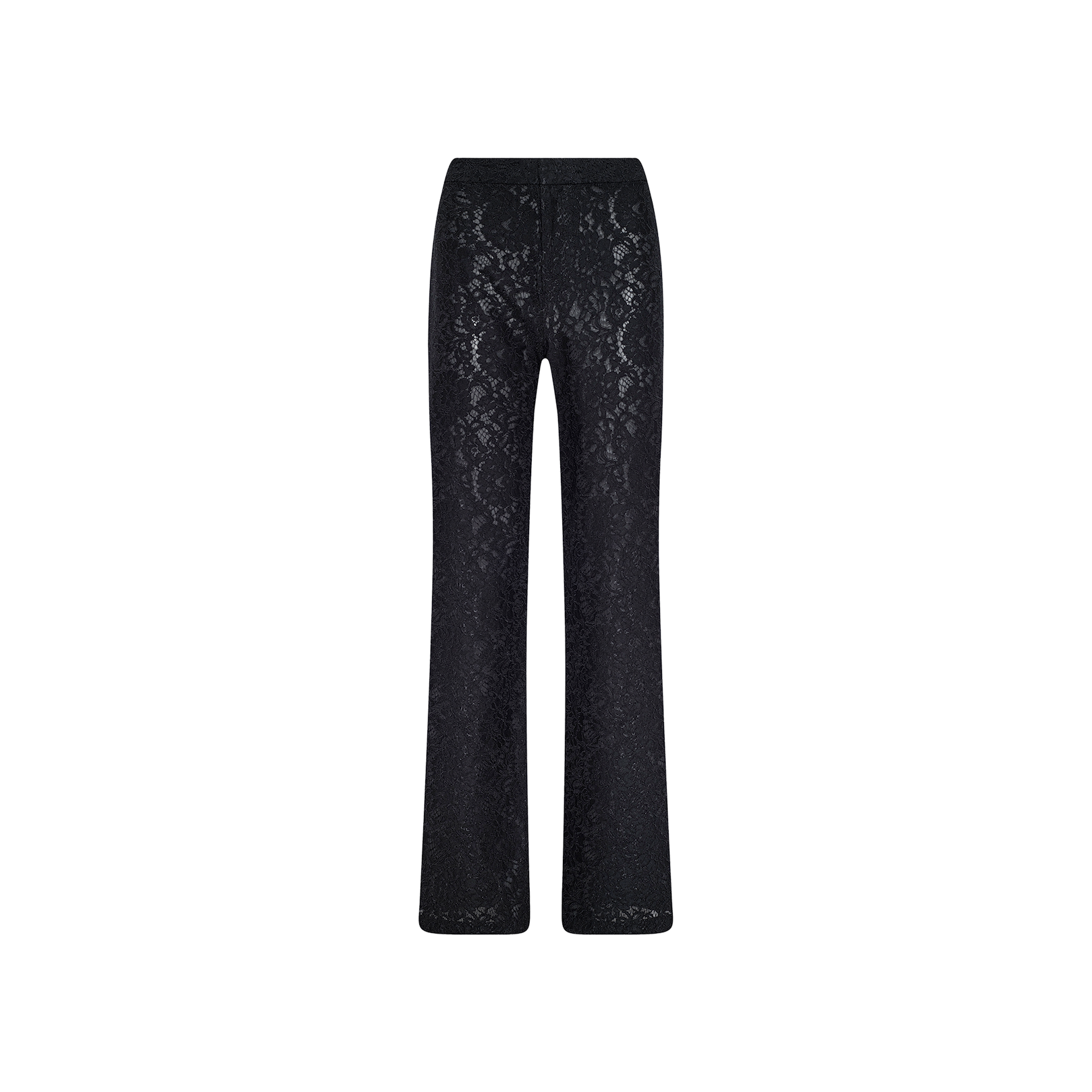 The Livvy Lace Trouser, shown in black against a plain white background, features a high-rise fit with an elegant floral lace pattern throughout. These trousers have a fitted waist and gracefully flare out towards the hem.