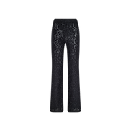 The Livvy Lace Trouser features a high-rise fit and flared silhouette, crafted from intricate black floral lace that adds texture and elegance to the design. Displayed against a plain white background.