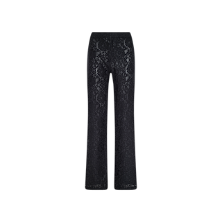 The Livvy Lace Trouser, shown in black against a plain white background, features a high-rise fit with an elegant floral lace pattern throughout. These trousers have a fitted waist and gracefully flare out towards the hem.