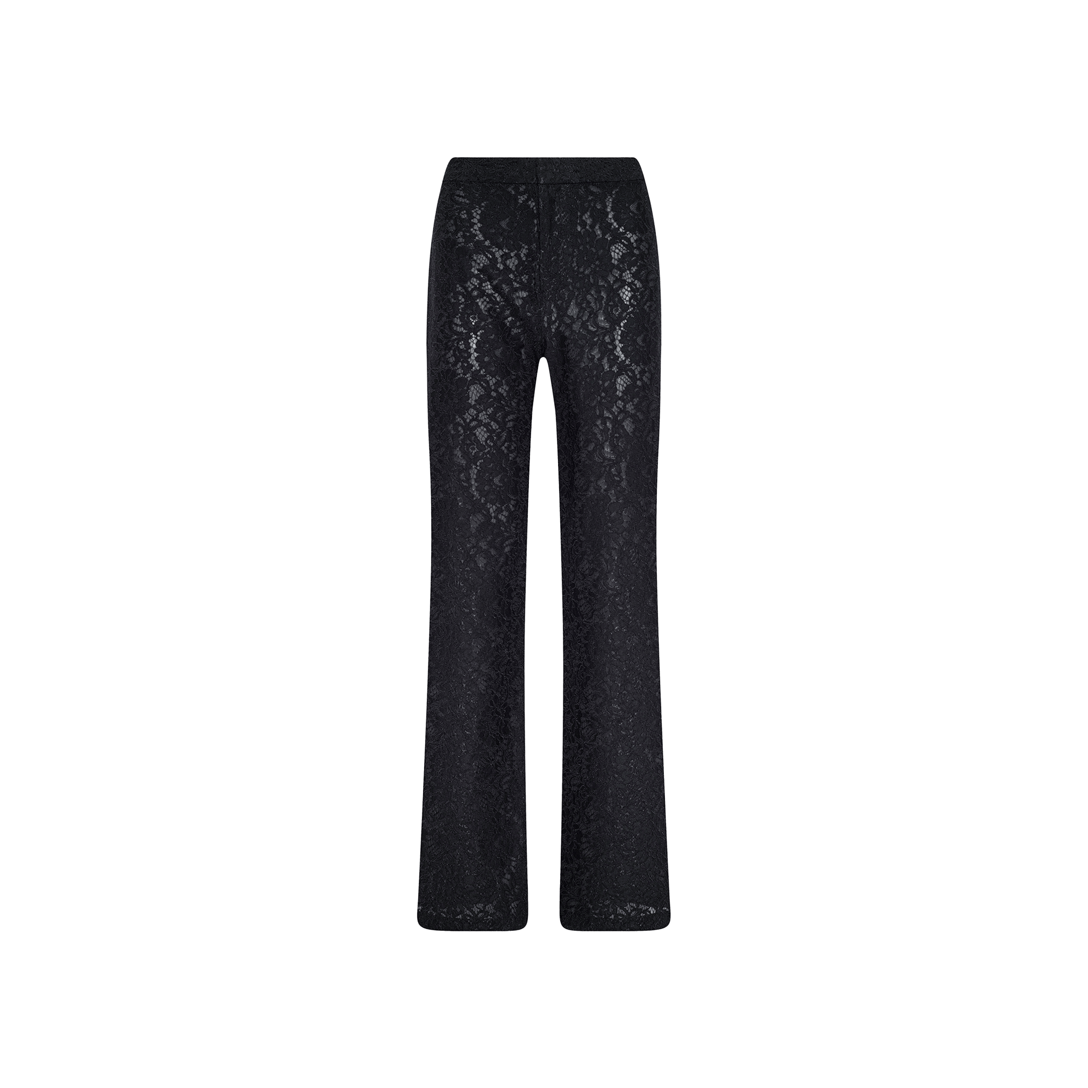 The Livvy Lace Trouser features a high-rise fit and flared silhouette, crafted from intricate black floral lace that adds texture and elegance to the design. Displayed against a plain white background.