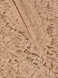 Close-up of the Livvy Lace Trouser featuring intricate beige floral lace fabric, a delicate pattern, and visible stitching running diagonally through the center.