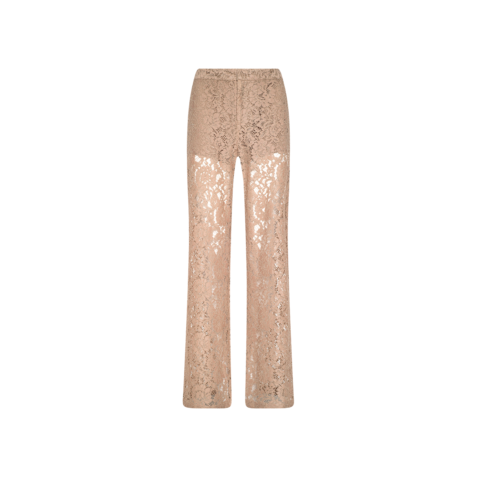 The Livvy Lace Trouser features a sheer, cappuccino lace design with a high rise, straight-leg cut, elastic waistband, and an intricate floral pattern, showcased against a plain white background.