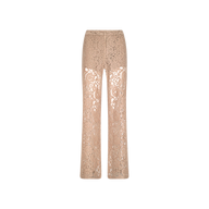 The Livvy Lace Trouser features a high-rise, straight-leg silhouette in beige. Displayed against a plain white background, these pants are semi-sheer and showcase an intricate floral lace pattern throughout.