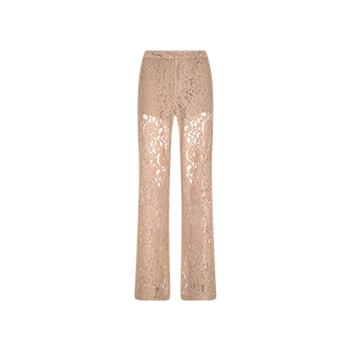 The Livvy Lace Trouser features a sheer, cappuccino lace design with a high rise, straight-leg cut, elastic waistband, and an intricate floral pattern, showcased against a plain white background.
