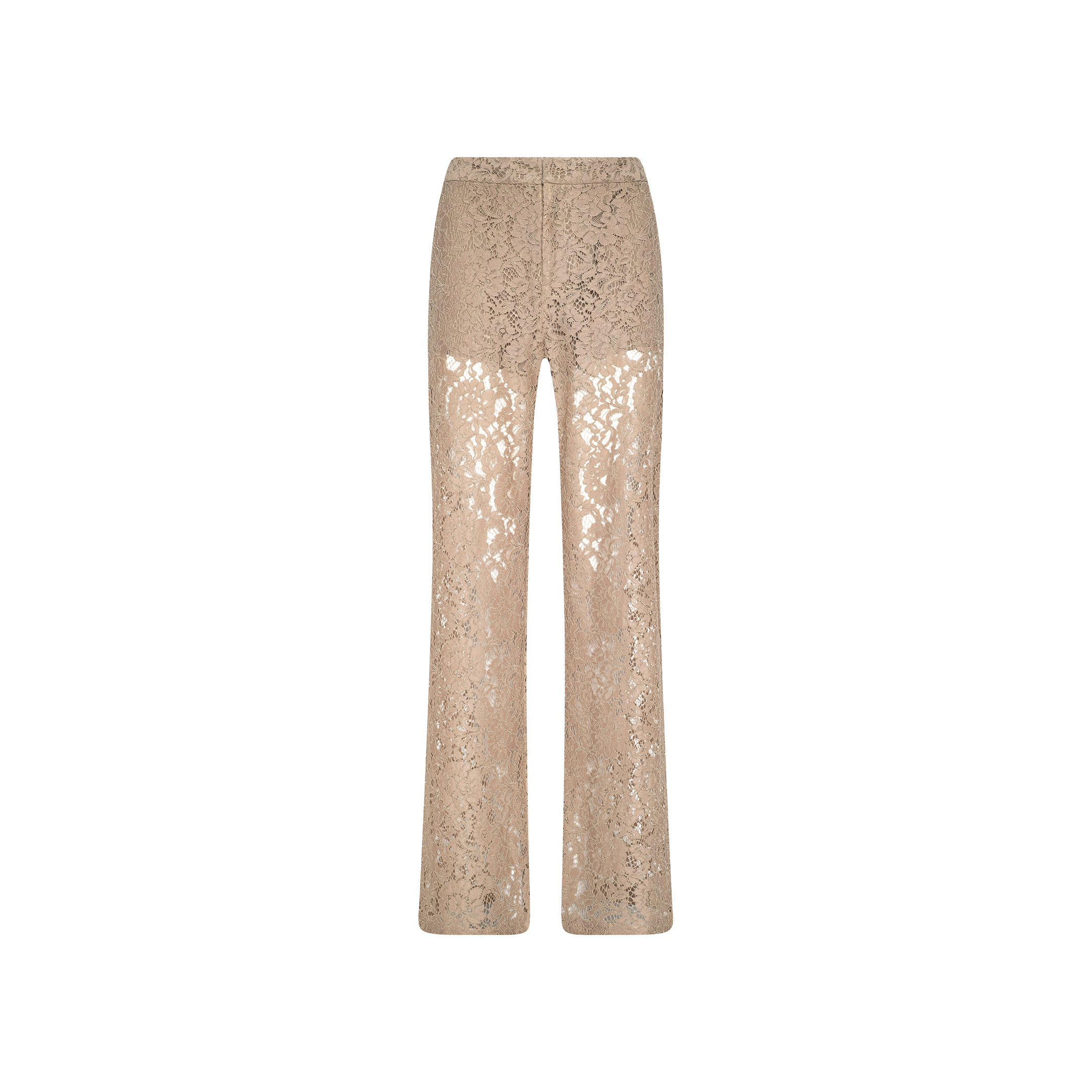 The Livvy Lace Trouser features a high-rise, straight-leg silhouette in beige. Displayed against a plain white background, these pants are semi-sheer and showcase an intricate floral lace pattern throughout.