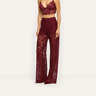 Livvy Straight-Leg Trousers in burgundy floral lace worn with a matching lace bralette.